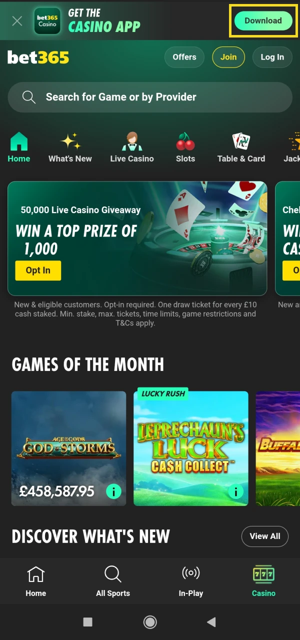 Download the Bet365 app for Android.