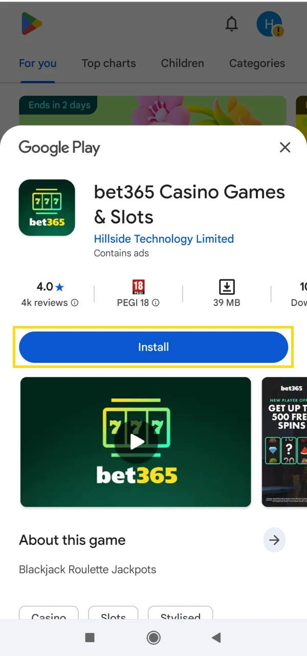 Install the Bet365 app for Android.