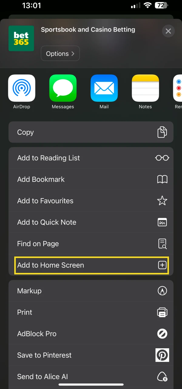 Add the Bet365 app to your iOS device's home screen.