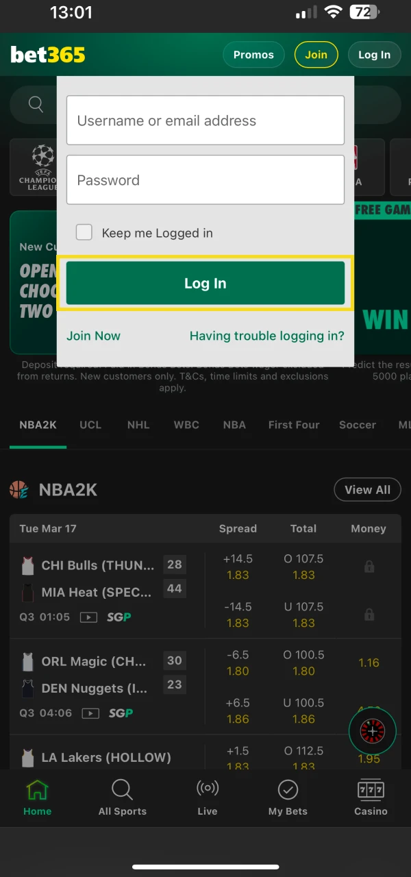 Log in to your Bet365 account to download the app on iOS.
