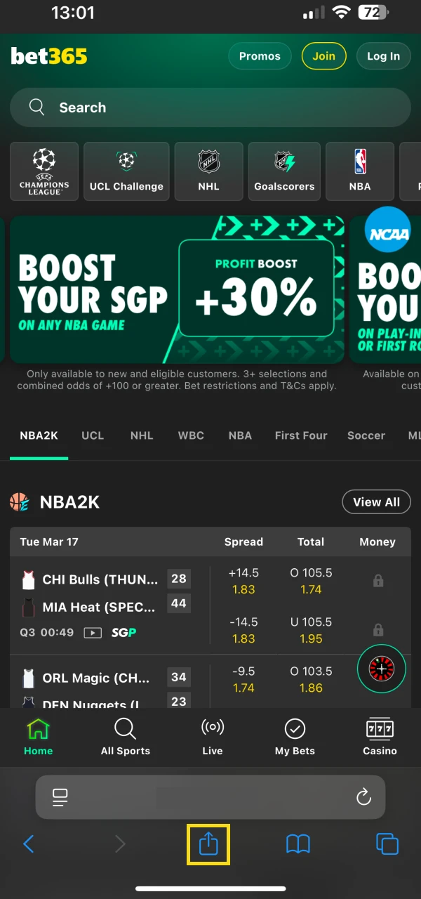 Click the share button to install the Bet365 app.