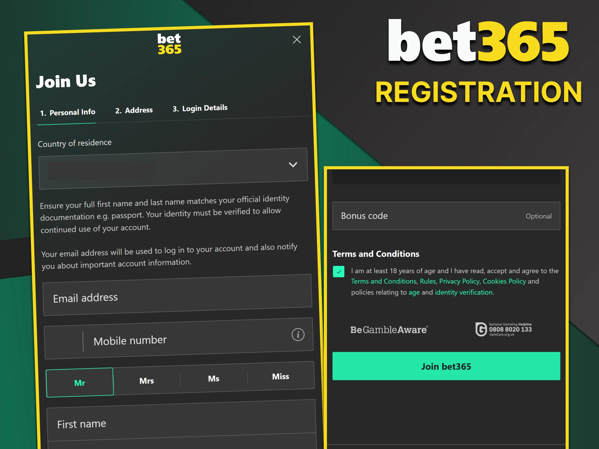 The Bet365 application requires registration.