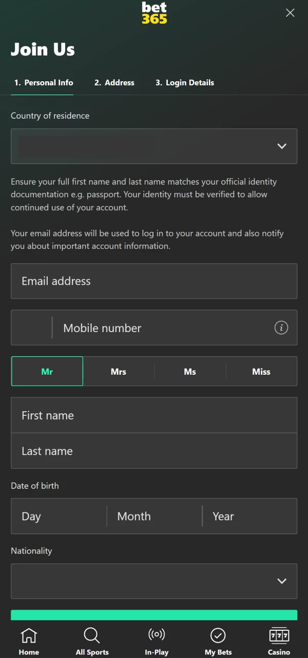 Use your personal information in the Bet365 app registration window.