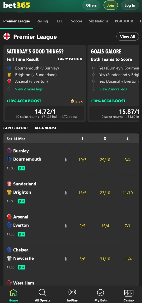 The Bet365 app has a sports section.