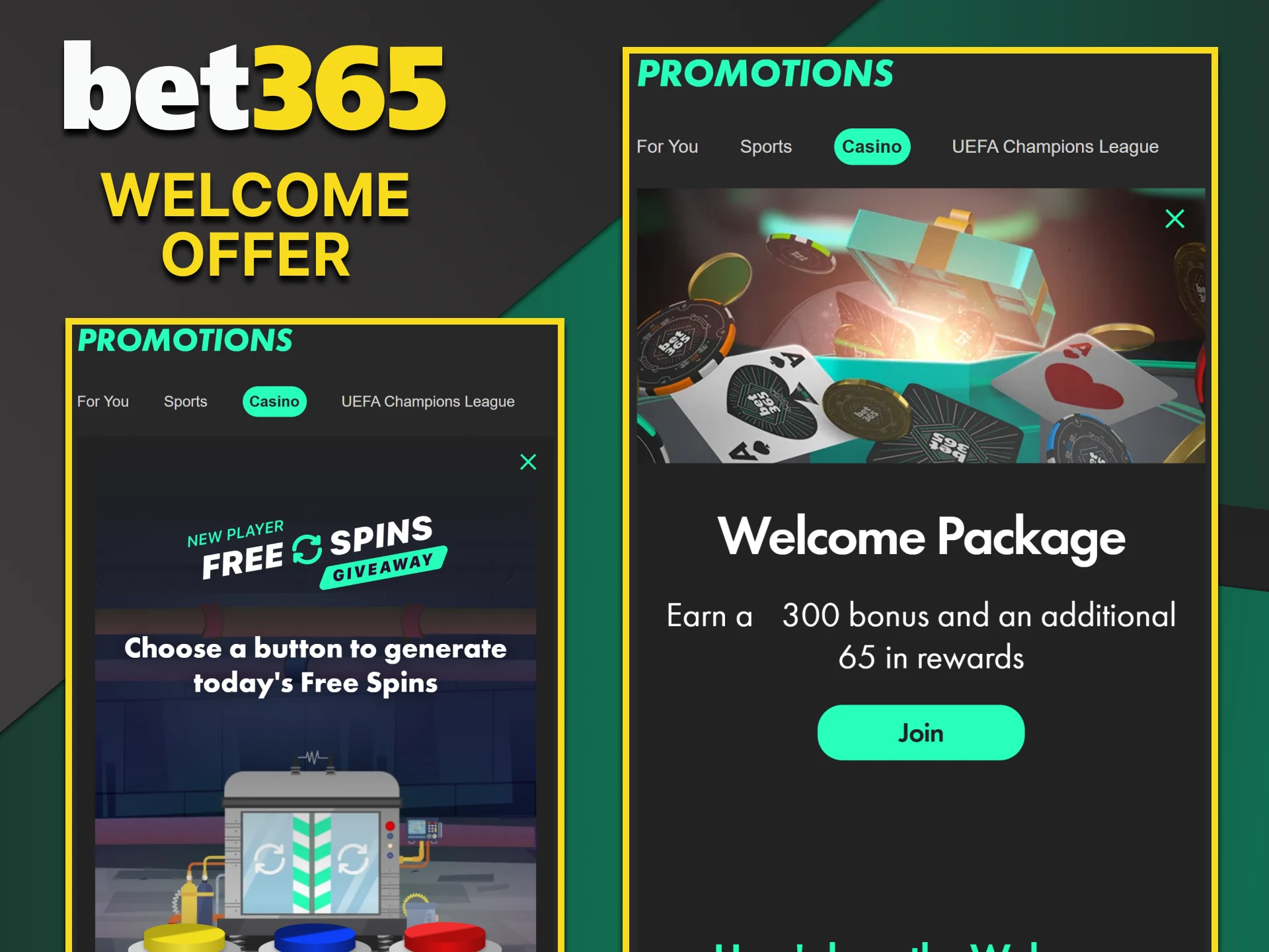 The Bet365 app offers welcome bonuses.