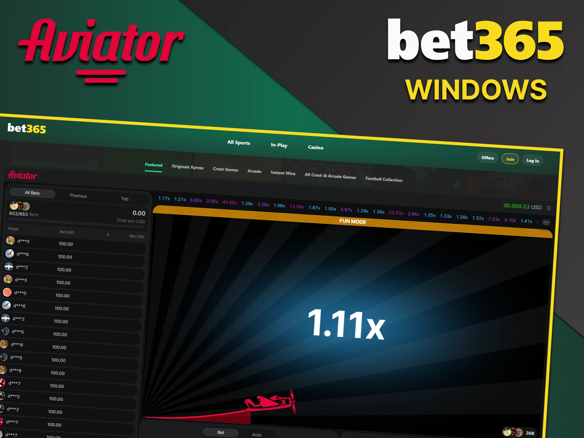 The Aviator game is available on the Bet365 website on Windows.