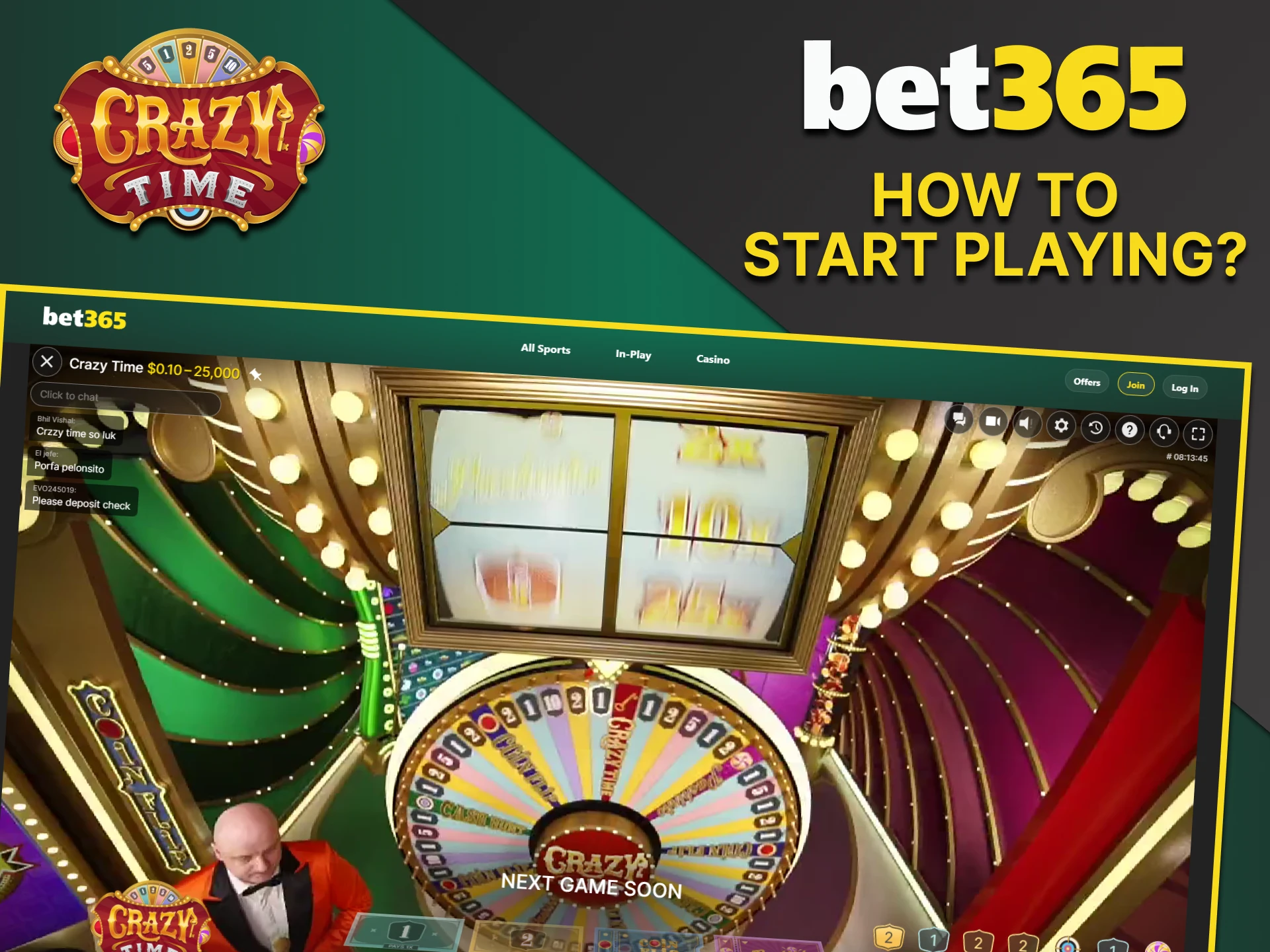 Open a casino at Bet365 to play Crazy Time.