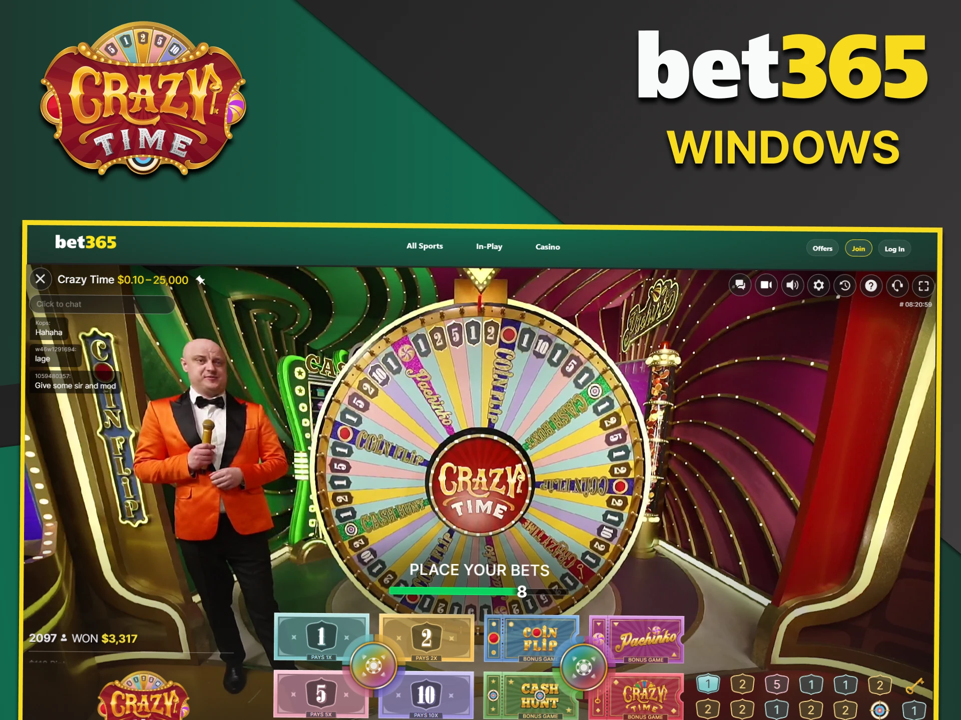 The Crazy Time game on Bet365 is available for Windows.