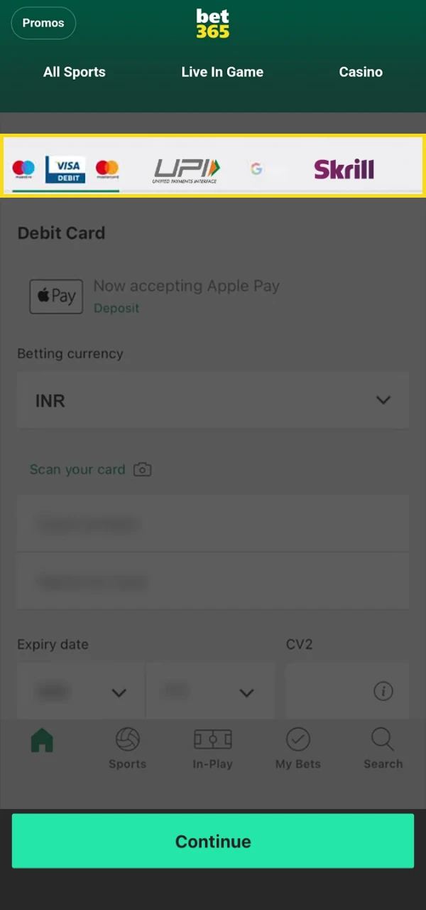 Choose a quick method to top up your Bet365 deposit.