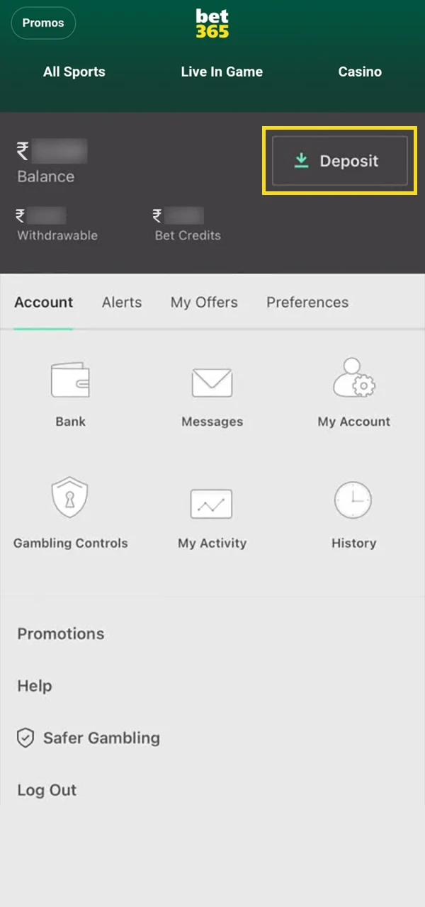 Open the deposit replenishment section on Bet365.