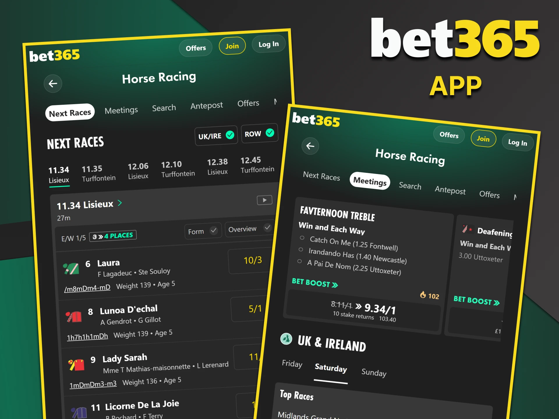 Download the Bet365 app for horse racing betting.
