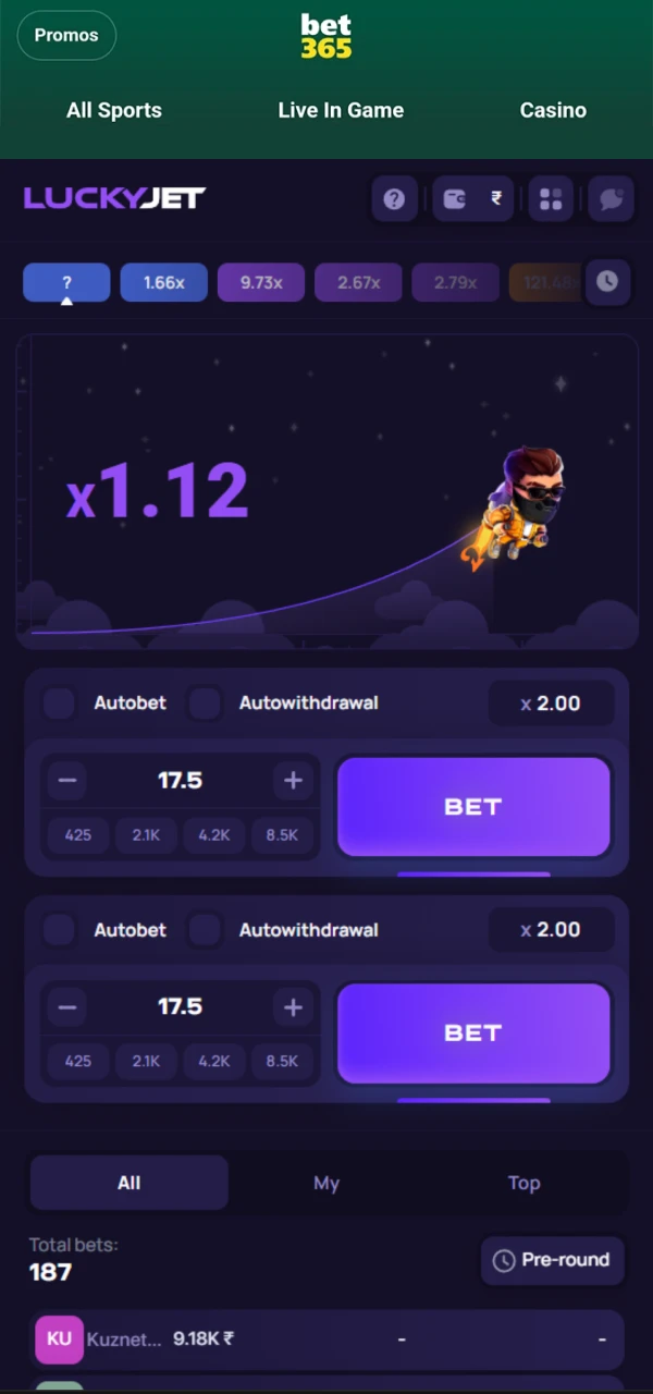 Place a bet on Lucky Jet in the Bet365 app.