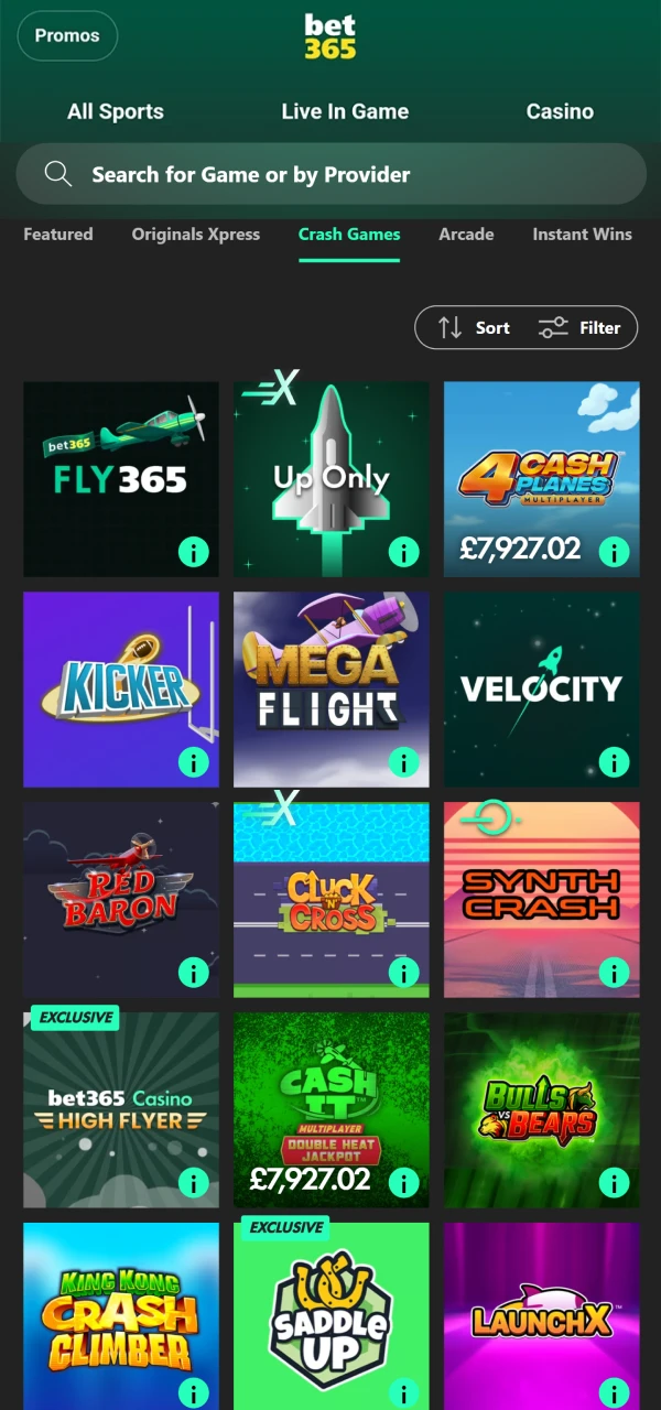 Go to the casino section of the Bet365 app to find the Lucky Jet game.