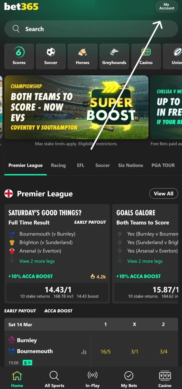 Log in to your Bet365 account to top up your deposit.