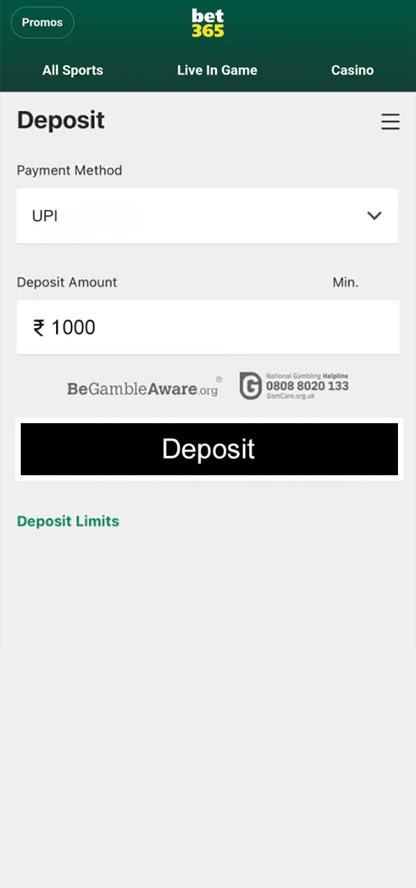 Complete your Bet365 deposit.