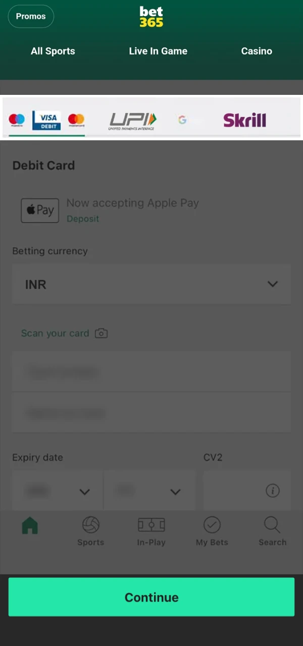 Select a deposit method for Bet365.