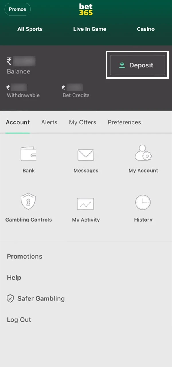 Go to the deposit section in the Bet365 menu.