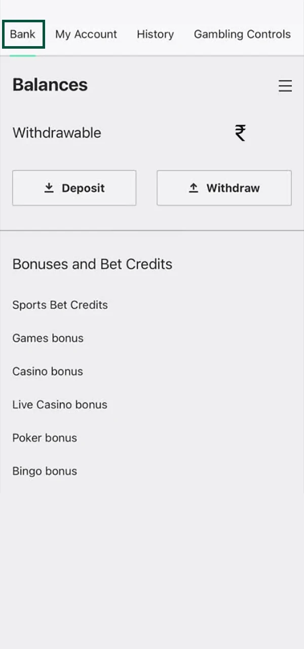 Visit the bank section to withdraw funds to Bet365.
