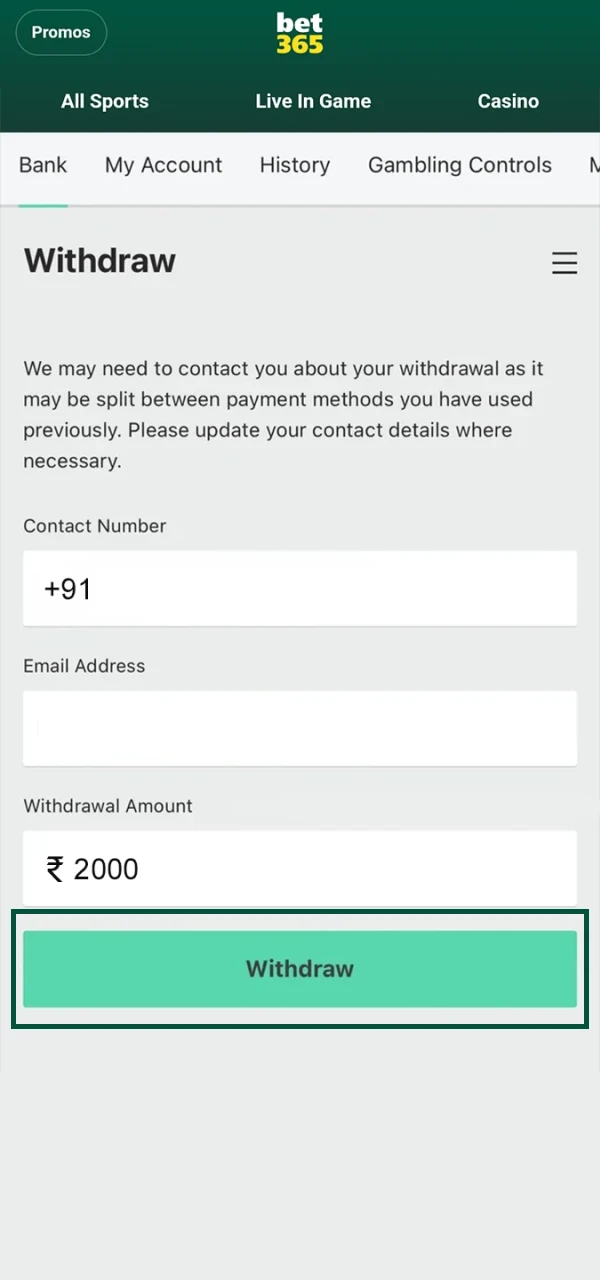Complete your withdrawal to Bet365.