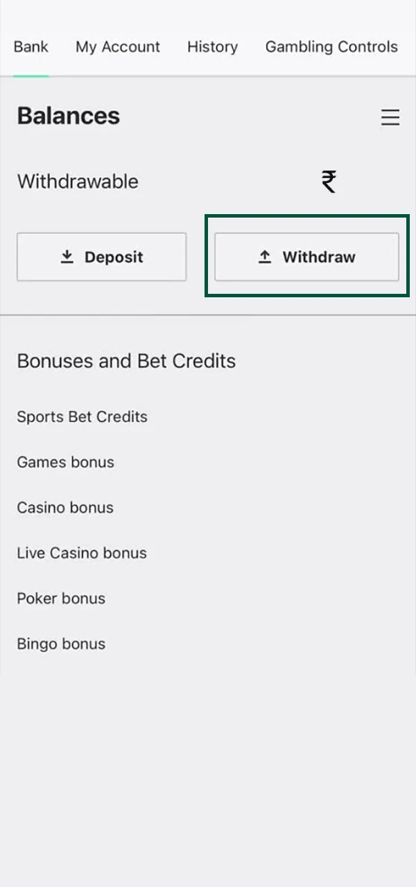 Open the withdrawal section on Bet365.
