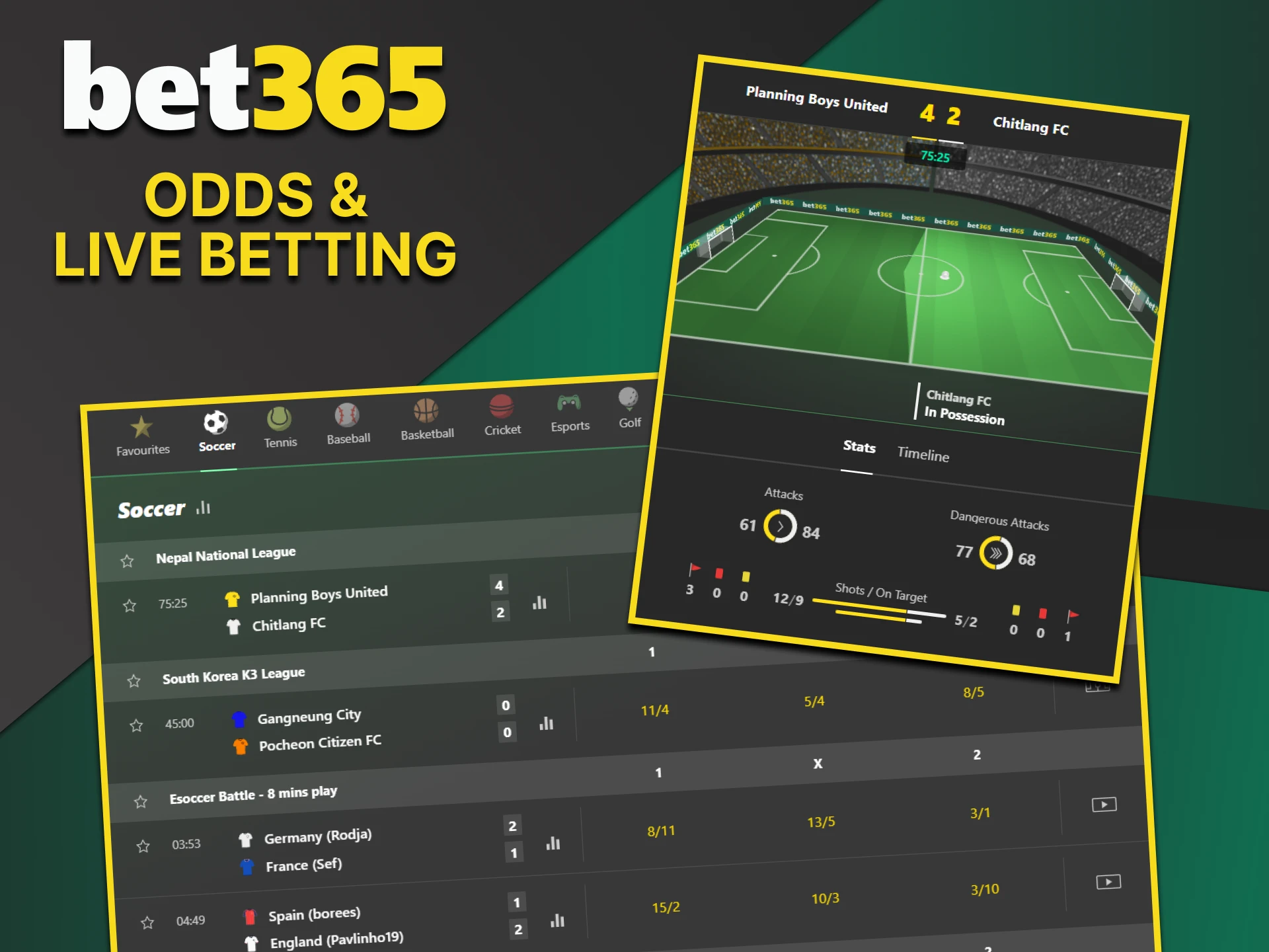 You will find great odds in the live sports section of the Bet365 website.