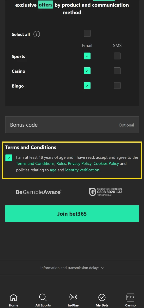 At the end of registration, confirm the agreement in the Bet365 application.