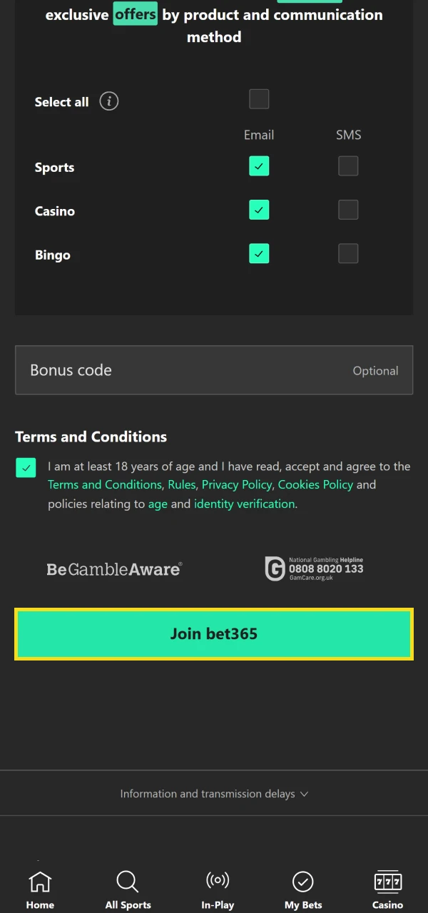 Complete registration in the Bet365 app.