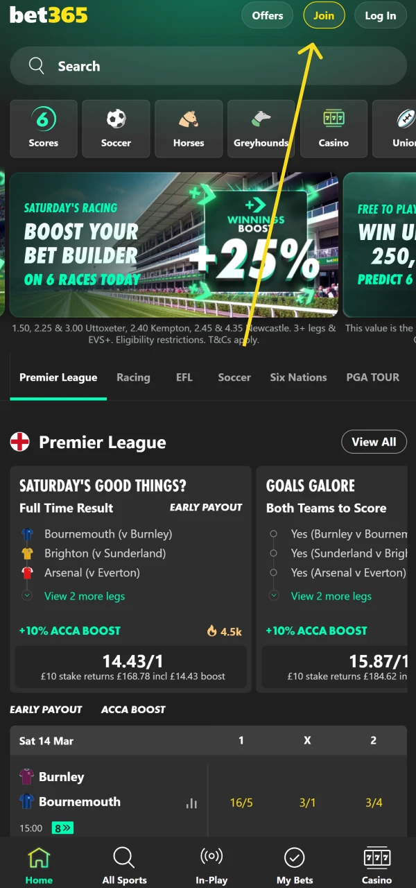 Open the Bet365 app to begin registration.