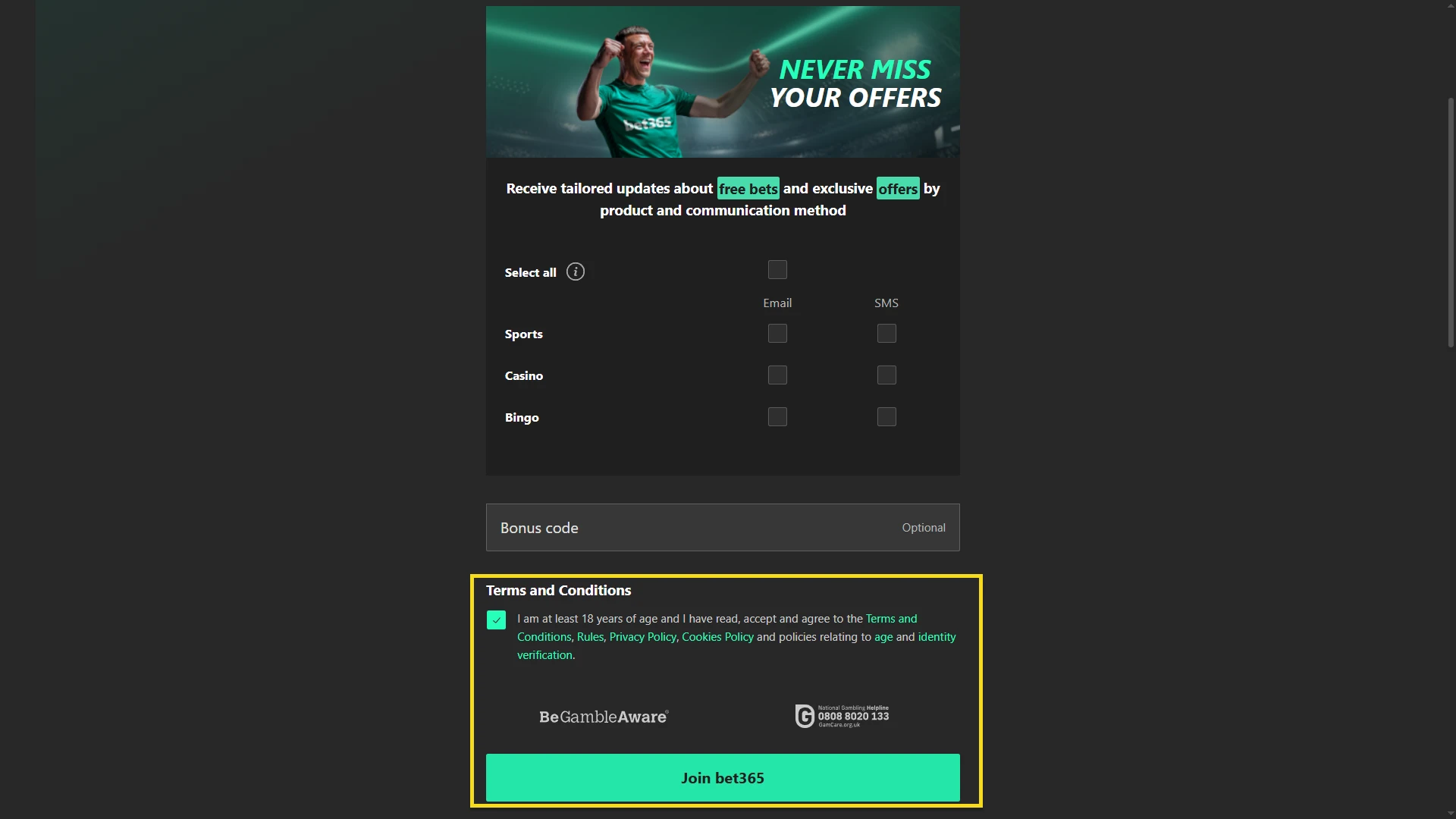 Complete your registration on the Bet365 website.