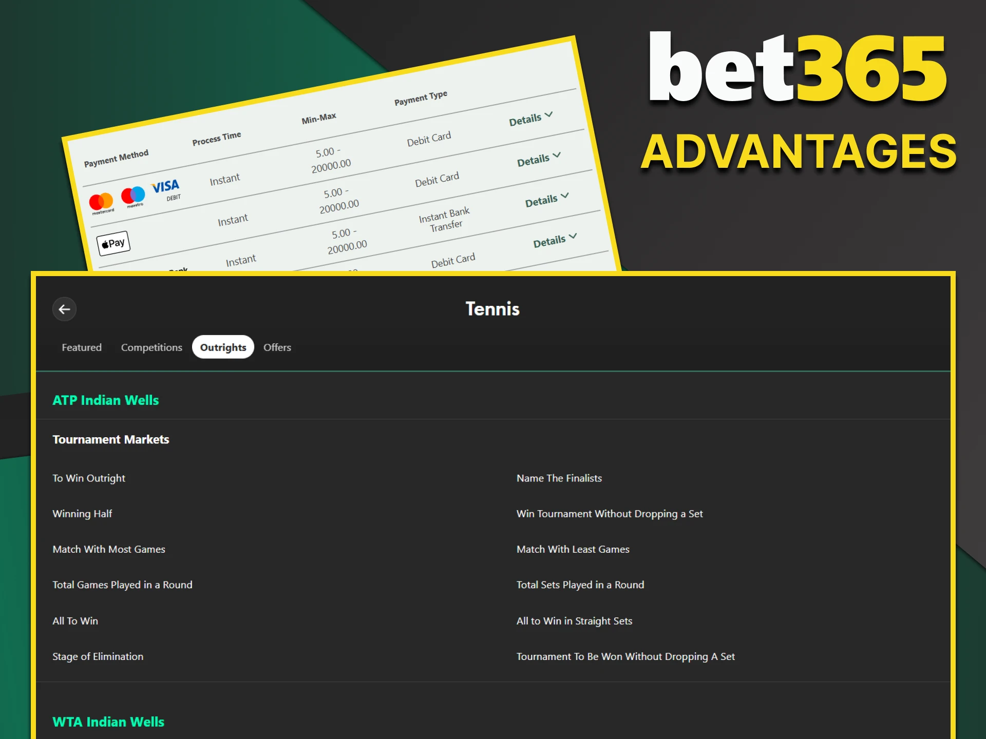 You will find a convenient tennis section in the Bet365 sports section.