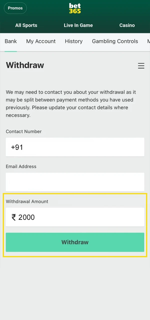Complete your withdrawal to Bet365.