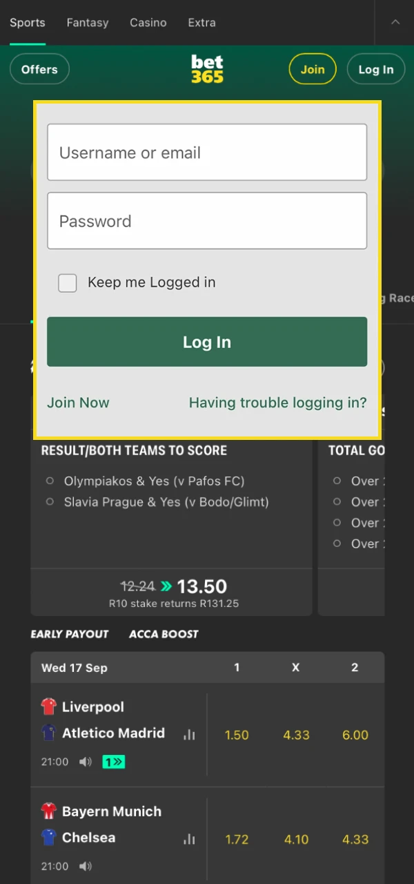 Log in to your Bet365 account to withdraw funds.