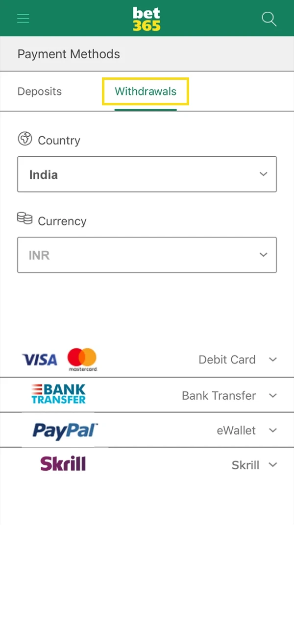 Choose a withdrawal method from Bet365.