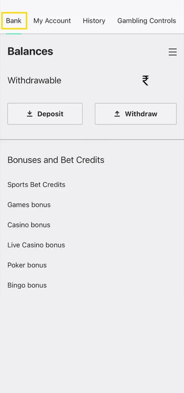 Open the bank section to withdraw funds to your personal card from Bet365.